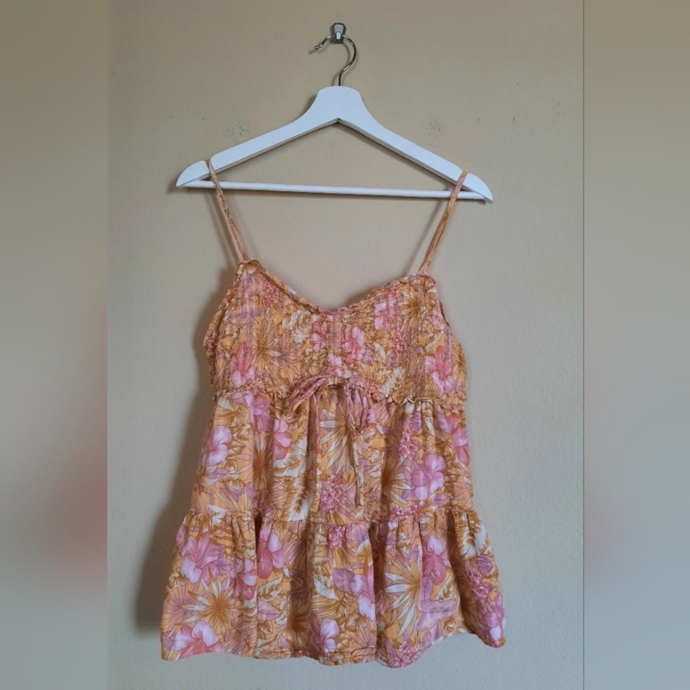 American Eagle Y2K Babydoll Ruched Floral Pink and Orange Women's Top